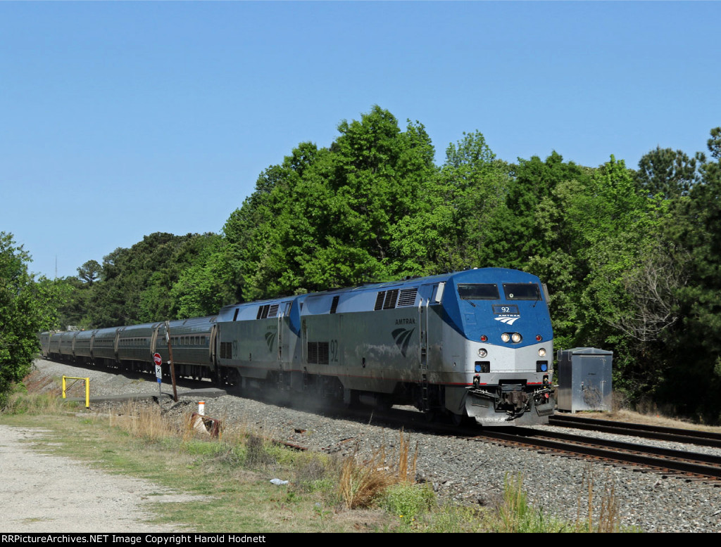 AMTK 92 & 158 lead train P080-27 northbound